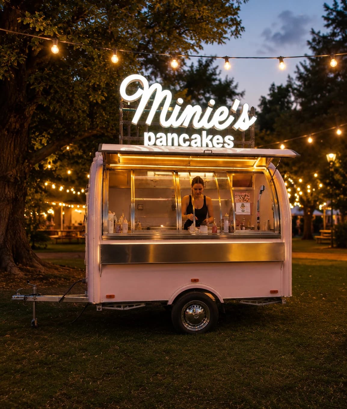 Růžový foodtruck Minie's se svítícím logem na večerní akci